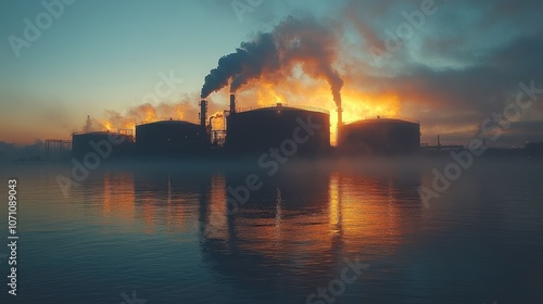 Foggy View of Industrial Oil Storage Tanks at Dusk