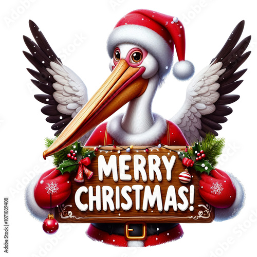 A cheerful pelican dressed in a Santa hat holds a festive sign reading 'Merry Christmas.' The image captures holiday spirit with colorful decorations photo