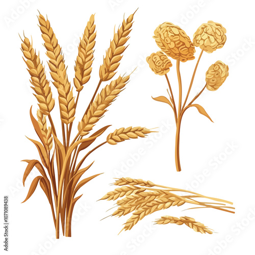 Cartoon Wheat Bouquets Set with Gold Sheaf Ears - Unique Agriculture Illustration