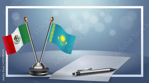 Mexico and Kazakhstan Small national flag on bokeh background, cooperative relationship