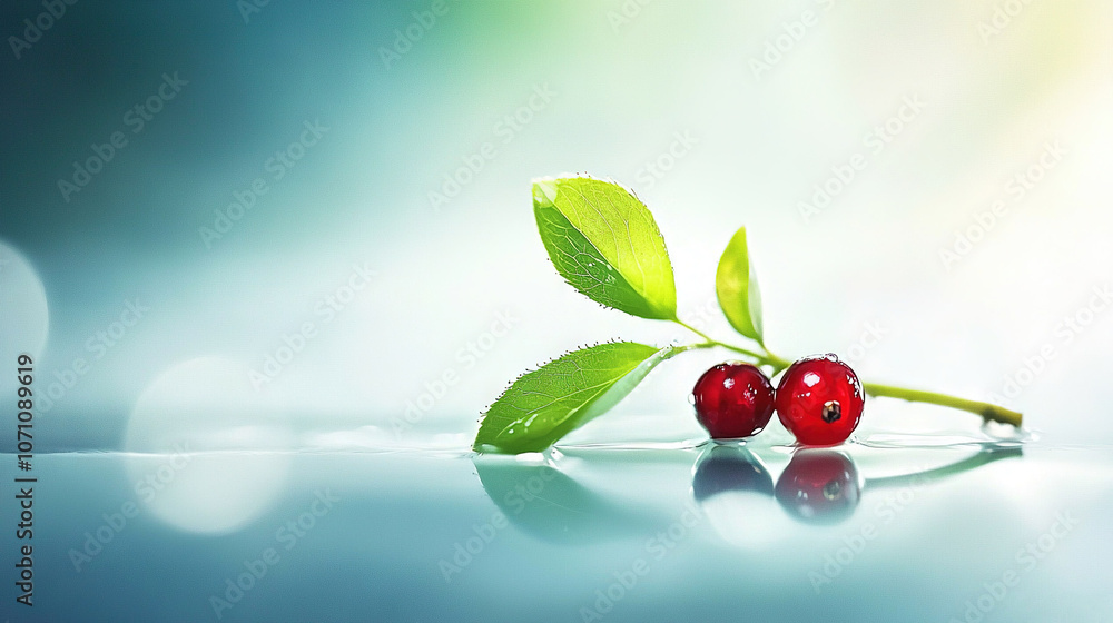 Fototapeta premium Two cherries rest atop a table alongside a lush green leaf atop a pane of clear glass