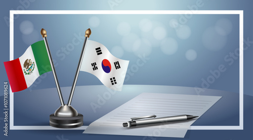 Mexico and South Korea Small national flag on bokeh background, cooperative relationship