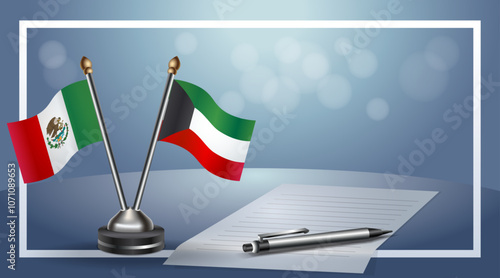 Mexico and Kuwait Small national flag on bokeh background, cooperative relationship