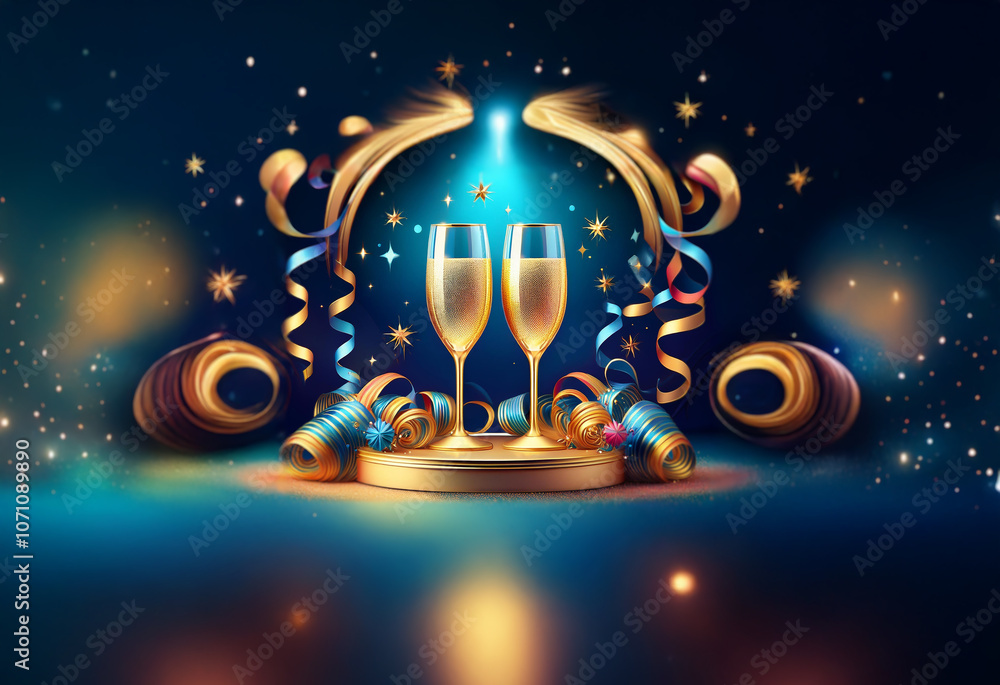Two champagne flutes stand on a golden platform with festive confetti and streamers in a blue and gold celebratory setting. Two champagne flutes stand on a golden platform with festive confetti and streamers in a blue and gold celebratory setting.