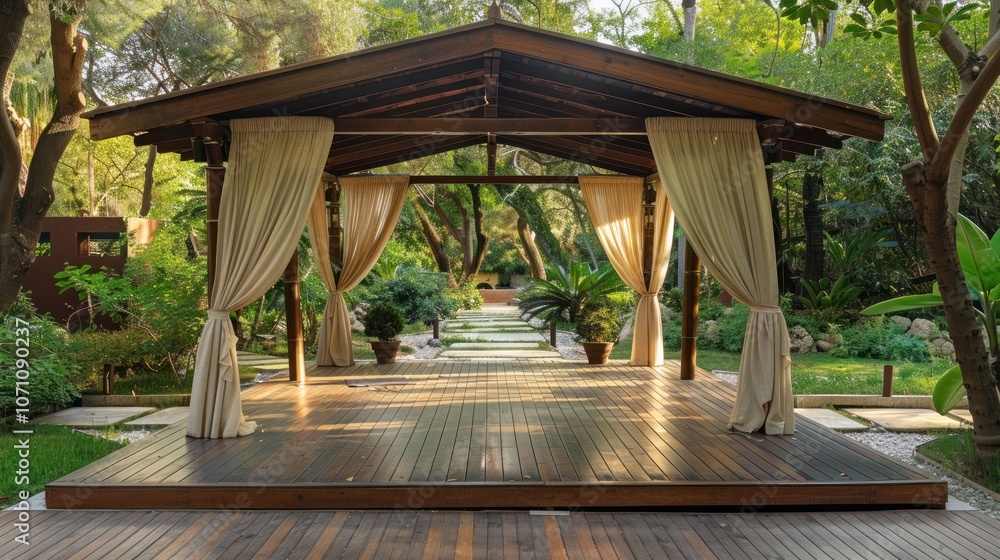 Outdoor yoga pavilion with wooden floors surrounded by a tranquil garden. Outdoor yoga pavilion with wooden floors surrounded by a tranquil garden.