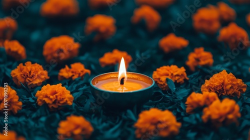 Burning Candle Flame Surrounded by Orange Marigold Flowers