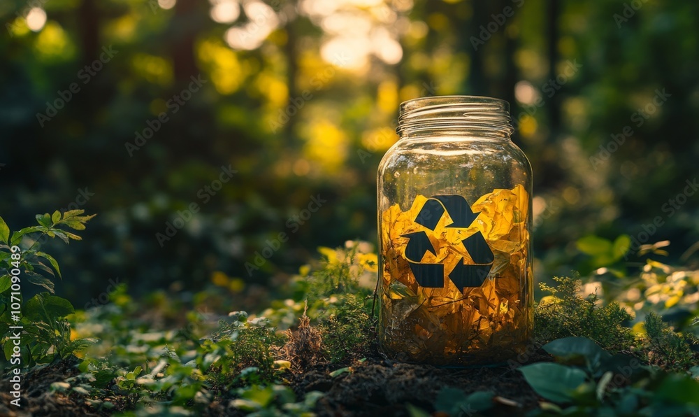 glass jar adorned with the universal recycling symbol, set against a lush forest backdrop, symbolizing eco-friendly packaging solutions for a sustainable, zero waste lifestyle glass jar adorned with the universal recycling symbol, set against a lush forest backdrop, symbolizing eco-friendly packaging solutions for a sustainable, zero waste lifestyle