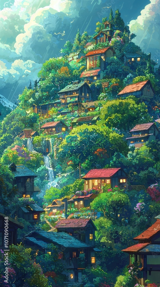 A picturesque village nestled in a lush green hillside with a cascading waterfall, illuminated by warm evening lights. A picturesque village nestled in a lush green hillside with a cascading waterfall, illuminated by warm evening lights.