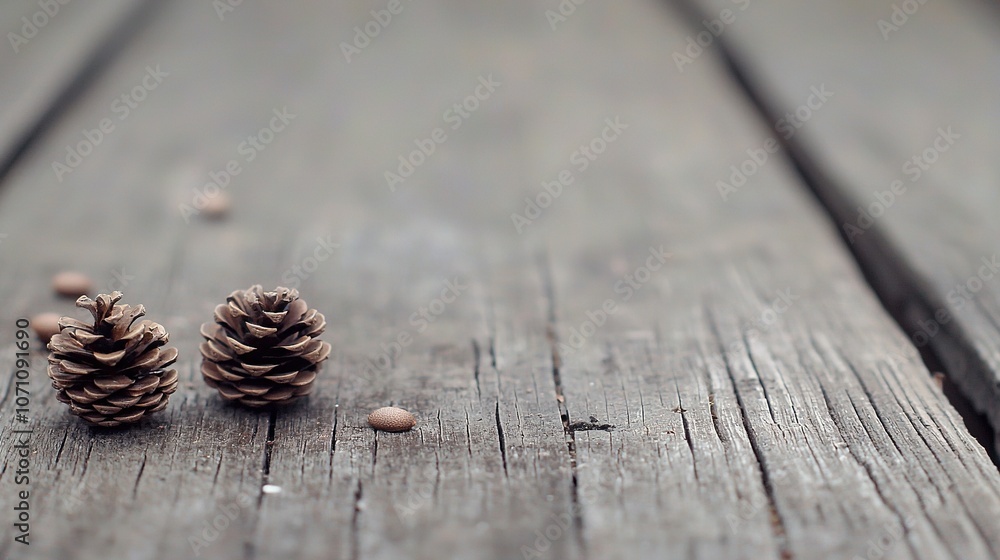 A couple of pine cones rest atop a wooden table, accompanied by another pair nestled nearby A couple of pine cones rest atop a wooden table, accompanied by another pair nestled nearby