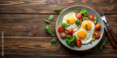 Fried eggs with vegetables on breakfast plate on wooden background , Breakfast, table, fried eggs, vegetables, dish, wooden