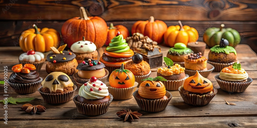 Close-up shot of assorted Halloween-themed desserts and treats on a rustic wooden table, Halloween, sweets, snacks, candy Close-up shot of assorted Halloween-themed desserts and treats on a rustic wooden table, Halloween, sweets, snacks, candy