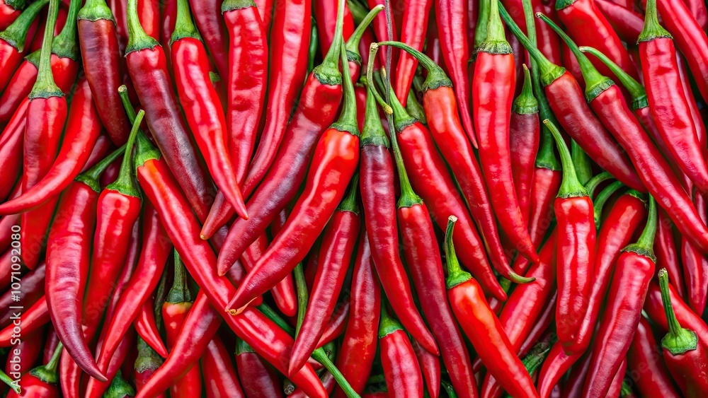 Vibrant red chili peppers with green stems neatly arranged , spicy, hot, vibrant, fresh, pile, arrangement, organic, food Vibrant red chili peppers with green stems neatly arranged , spicy, hot, vibrant, fresh, pile, arrangement, organic, food