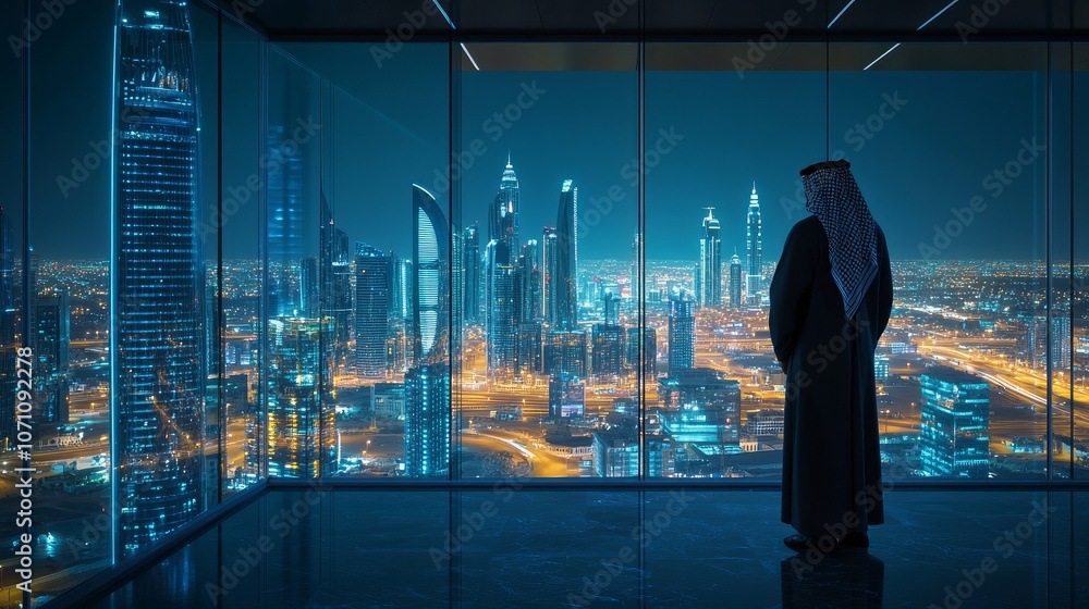 Standing in the 3D rendering office, a young Saudi businessman observes the nighttime picture of a modern city from the outside. Concept of business ambition Standing in the 3D rendering office, a young Saudi businessman observes the nighttime picture of a modern city from the outside. Concept of business ambition