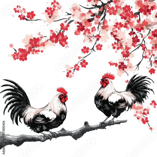 Roosters and Cherry Blossom View Vector Background