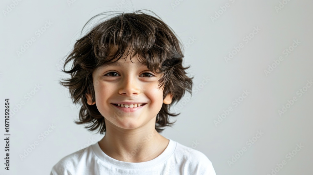 Portrait of a black-haired boy with brown eyes wearing a white t-shirt smiling Portrait of a black-haired boy with brown eyes wearing a white t-shirt smiling