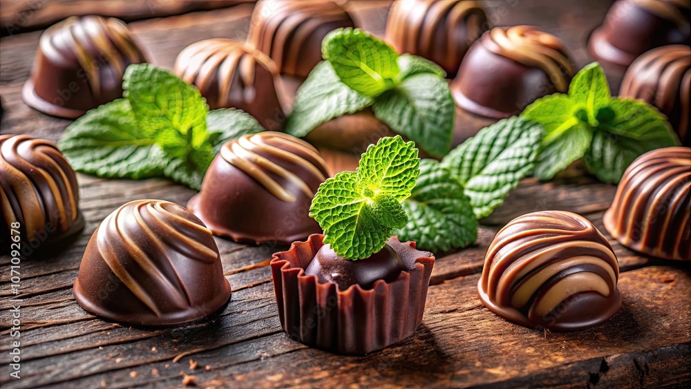 Delicious chocolate candies with a refreshing hint of mint , sweet, dessert, confectionery, treats, indulgence, cocoa