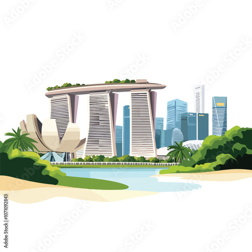 Detailed Singapore Cityscape Vector Illustration on White Background