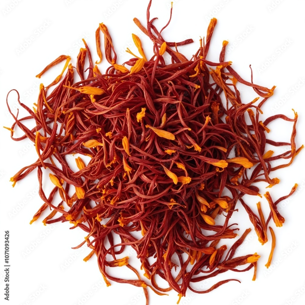 Fototapeta premium Vibrant Saffron Threads Isolated on White Background - A Culinary Spice for Gourmet Dishes and Cooking Enhancements