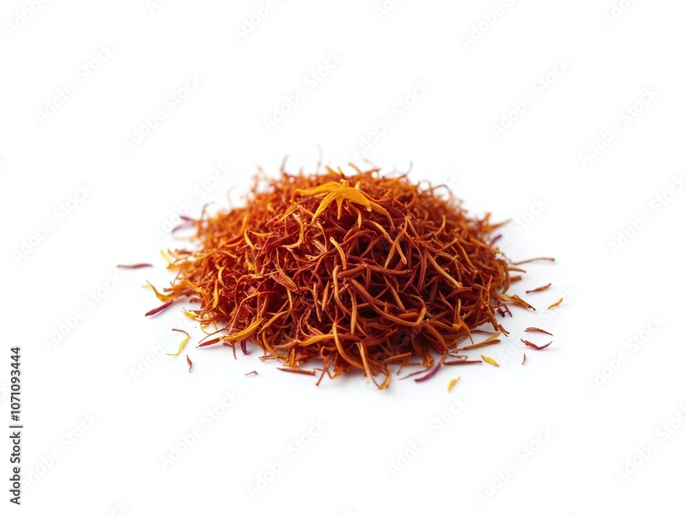 Fototapeta premium Vibrant Orange-Red Saffron Threads Isolated on White Background Showcasing Delicate Texture and Fine Structure