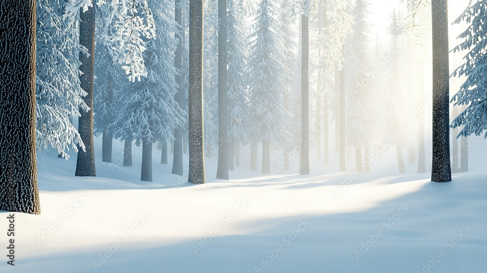 Fototapeta premium Snow-covered forest with numerous trees in the foreground and sunlight filtering through them in the background