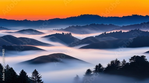 Wallpaper Mural   A view of a mountain range shrouded in fog, with trees framing the foreground and a stunning sunset in the backdrop Torontodigital.ca