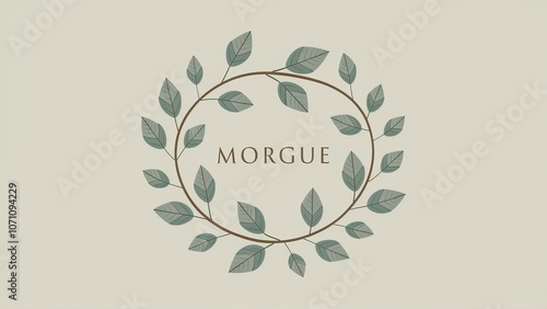 Graceful wreath of green leaves encircling elegant serif text with gentle beige background - morgue logo concept