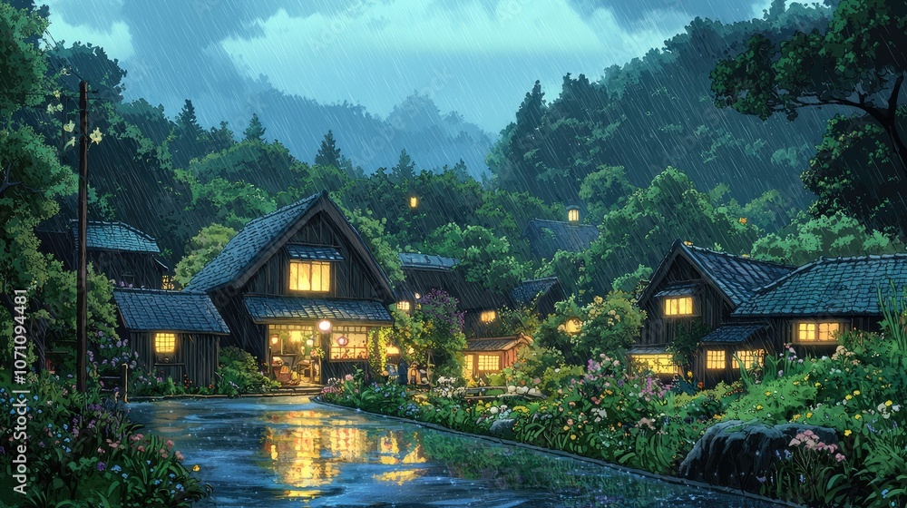 Naklejka premium A quaint village nestled in a lush forest, bathed in the warm glow of streetlights, with rain gently falling.