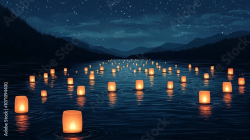 Floating Lanterns on a Serene Lake at Night photo