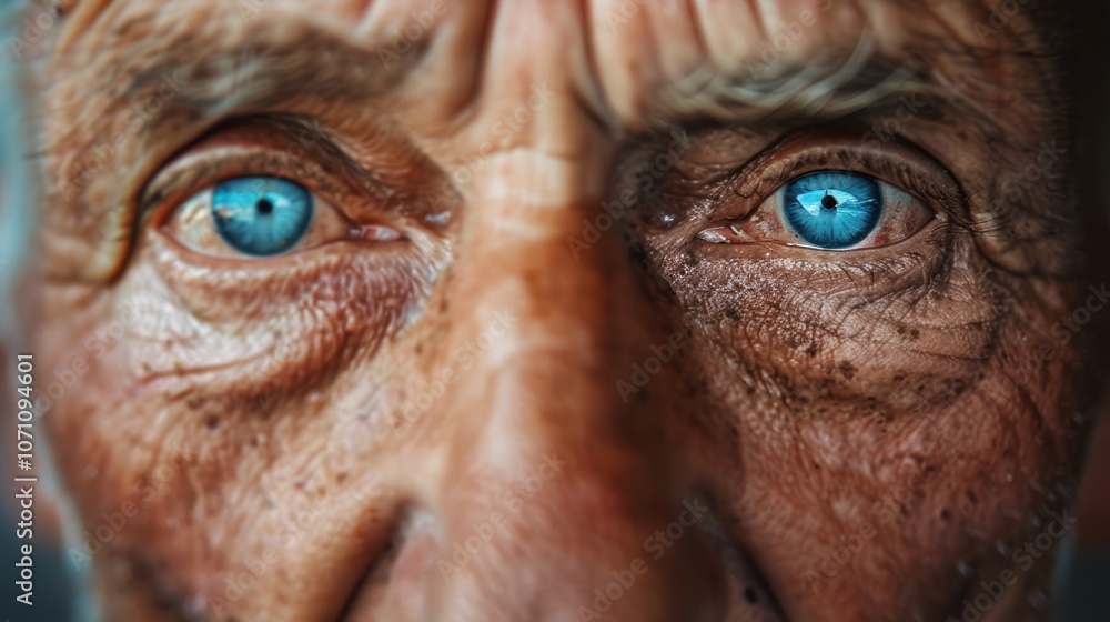 Close-up portrait of an old man with bright blue eyes and emotional wrinkles Close-up portrait of an old man with bright blue eyes and emotional wrinkles