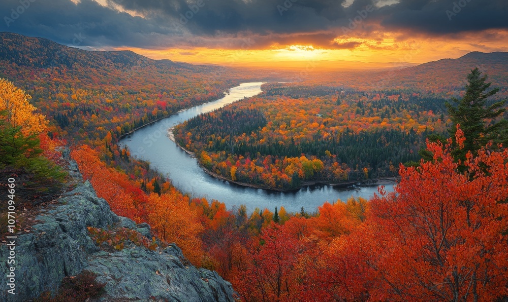 Fototapeta premium Winding river through mountain valley, autumn landscape with beautiful colors, scenic nature during fall, foliage creating panorama views