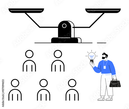 Scale balancing six stick figures on one side, businessman holding a light bulb and briefcase on the other. Ideal for teamwork, innovation, leadership, balance, decision-making, productivity