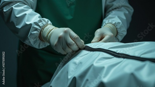 Hands of a professional unzipping body bag in clinical environment, symbolizing mortuary work and morgue worker proficiency
