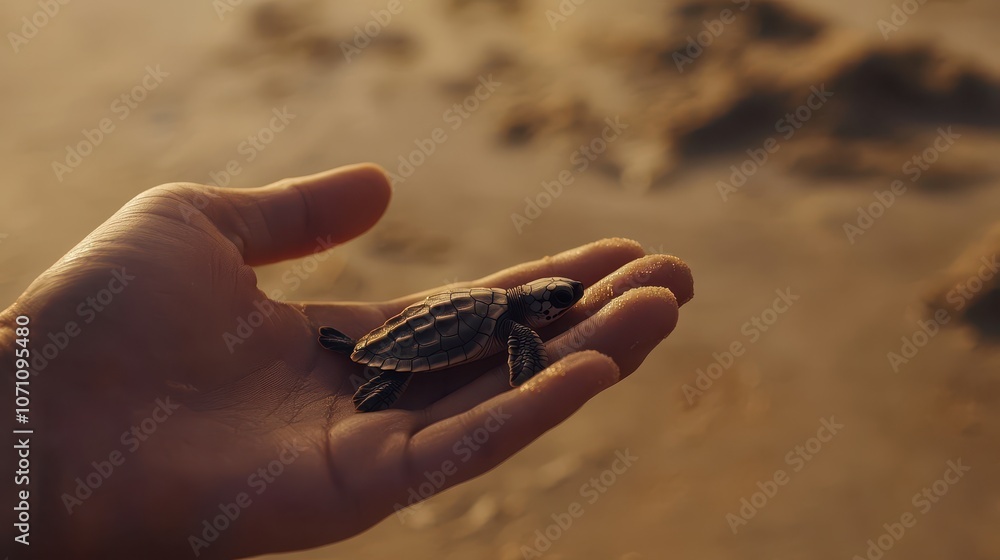 Fototapeta premium Baby Turtle Released on Sandy Beach at Sunset