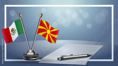 Mexico and Macedonia Small national flag on bokeh background, cooperative relationship