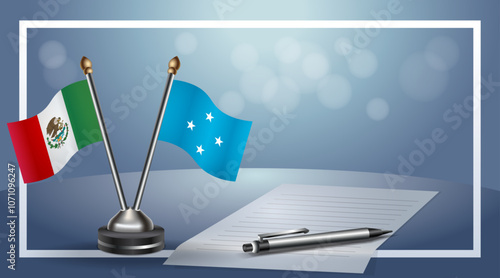 Mexico and Micronesia Small national flag on bokeh background, cooperative relationship