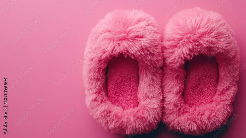 Pair of fluffy, oversized slippers, close-up shot, against a solid color background Pair of fluffy, oversized slippers, close-up shot, against a solid color background