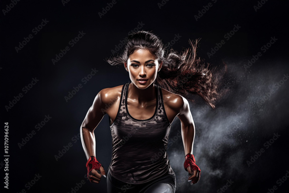 Sprinter run. Strong athletic woman running on the black background. Fitness and sport motivation. Runner concept. Sprinter run. Strong athletic woman running on the black background. Fitness and sport motivation. Runner concept.