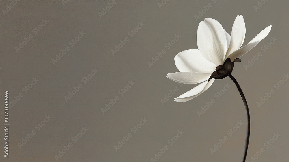 Fototapeta premium A high-resolution photograph of a white flower on a green stem against a gray backdrop, with a clear focus on the delicate petals and intricate veining