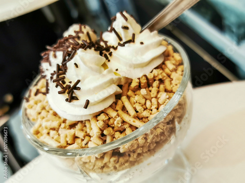 Delicious Hungarian Dessert known as gesztenyepüré with Whipped Cream and Chocolate Sprinkles