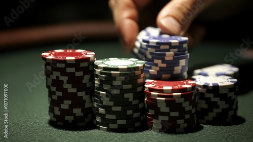 Casino Chips Stacked at Dimly Lit Table