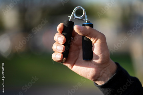 Detail of a man's hand exercising with a handgrip