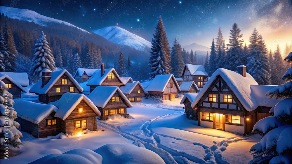 Snow-covered village at night with glowing windows, winter, dusk, cold, cozy, quaint, rural, landscape, town, peaceful Snow-covered village at night with glowing windows, winter, dusk, cold, cozy, quaint, rural, landscape, town, peaceful