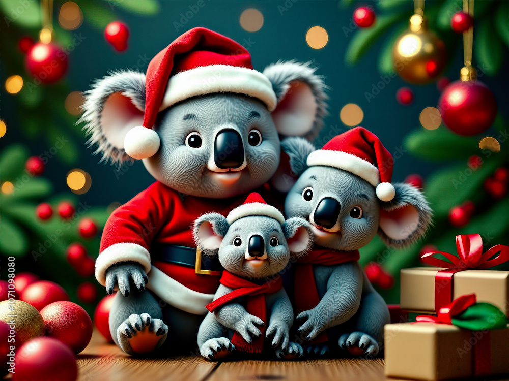 Charming illustration of three cute koalas wearing Santa hats amidst festive decorations, creating a delightful Christmas scene with warmth and joy. Charming illustration of three cute koalas wearing Santa hats amidst festive decorations, creating a delightful Christmas scene with warmth and joy.