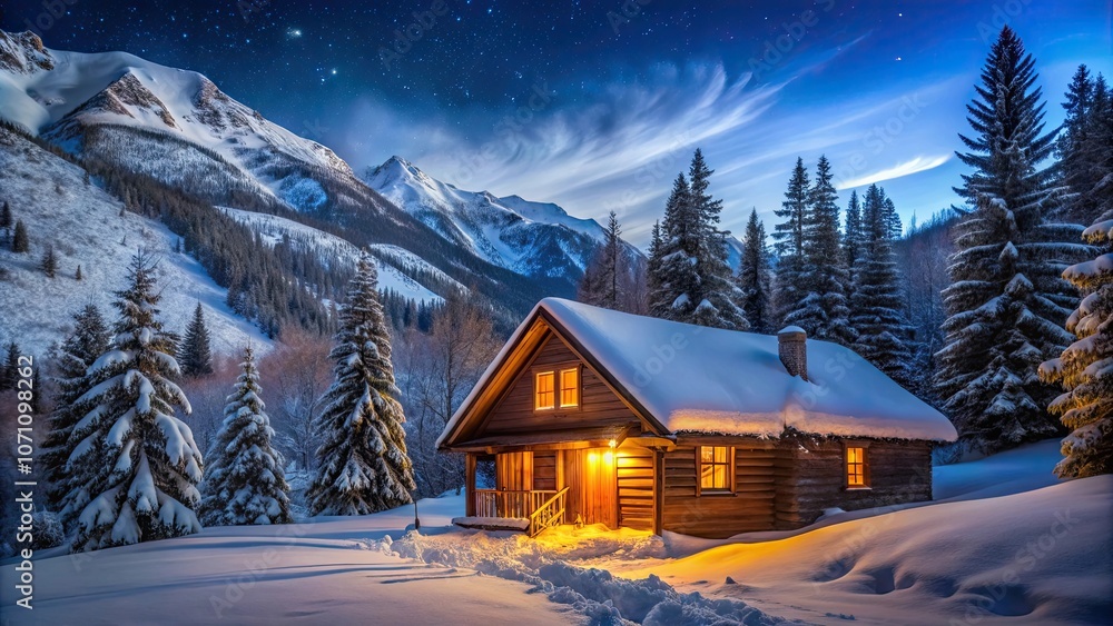 Fototapeta premium Snow-covered cabin nestled in the mountains of Aspen, Colorado at night, snowy, dreamy, cabin, mountainous, Aspen, Colorado