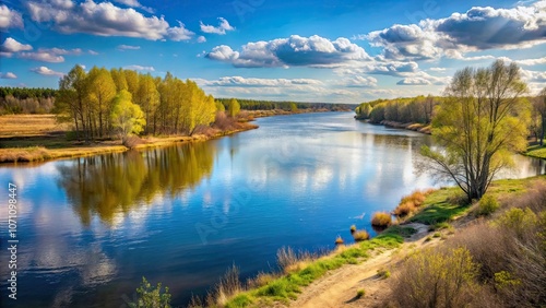 Spring landscape on the river in Siberia , siberia, river, spring, landscape, trees, mountains, reflection, sky, clouds, blue