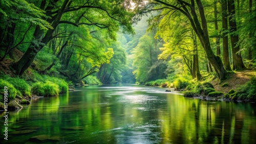 A serene river flowing through a lush forest setting, river, woods, nature, peaceful, tranquil, green, trees, stream