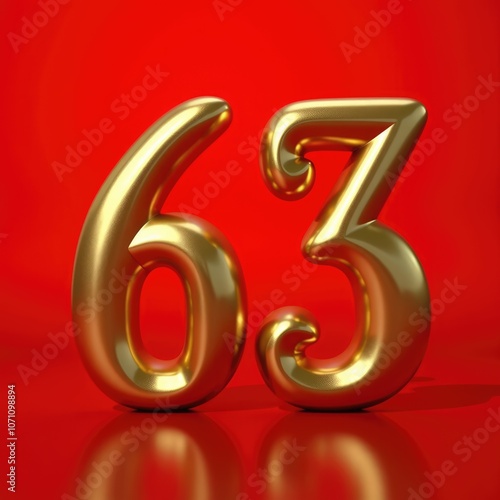 Golden number sixty-three shining brightly against a vibrant red background, creating a bold and festive visual impact photo