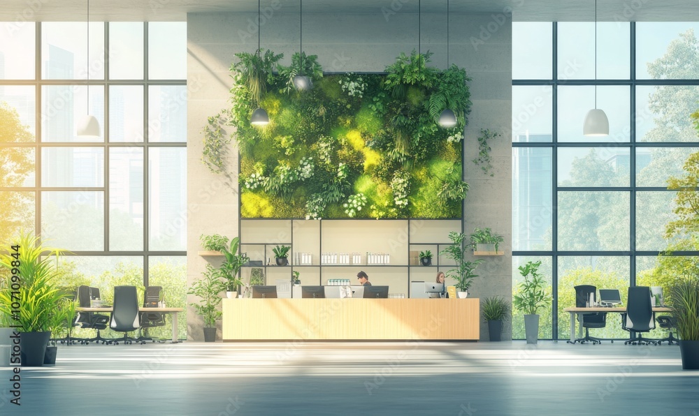 Green, sustainable and environmental office space with daily employee rush. Modern and nature friendly startup business with ESG standards and care for worker wellness and healthy environment Green, sustainable and environmental office space with daily employee rush. Modern and nature friendly startup business with ESG standards and care for worker wellness and healthy environment