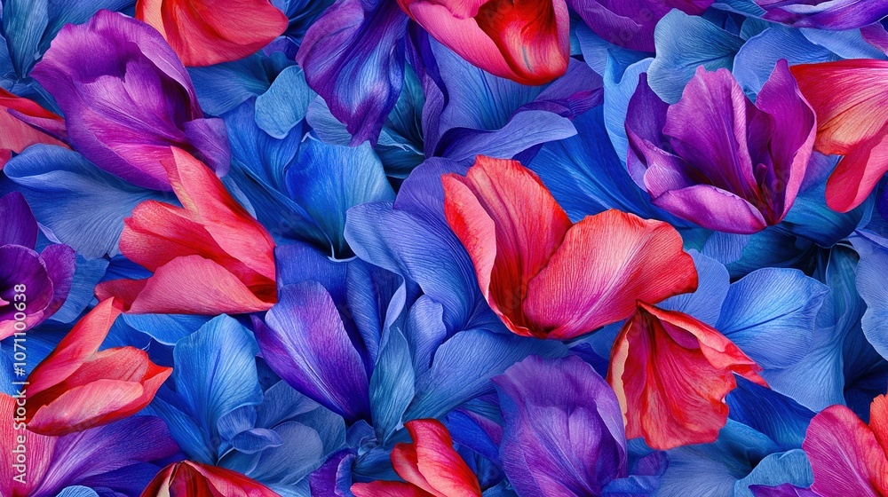 A cluster of variously colored flowers - red, purple, and blue - surrounded by a sea of purple and red blooms A cluster of variously colored flowers - red, purple, and blue - surrounded by a sea of purple and red blooms