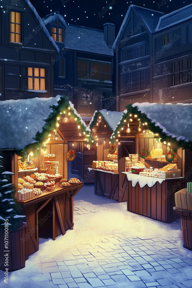 Fototapeta premium A winter scene with a Christmas market with a Christmas tree in the background